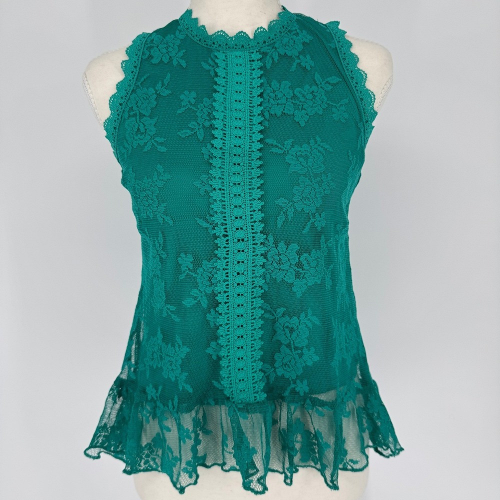Knit Works Lace Peplum Tank Top Sz L 14 Teal Floral Crochet Trim Coquette Boho